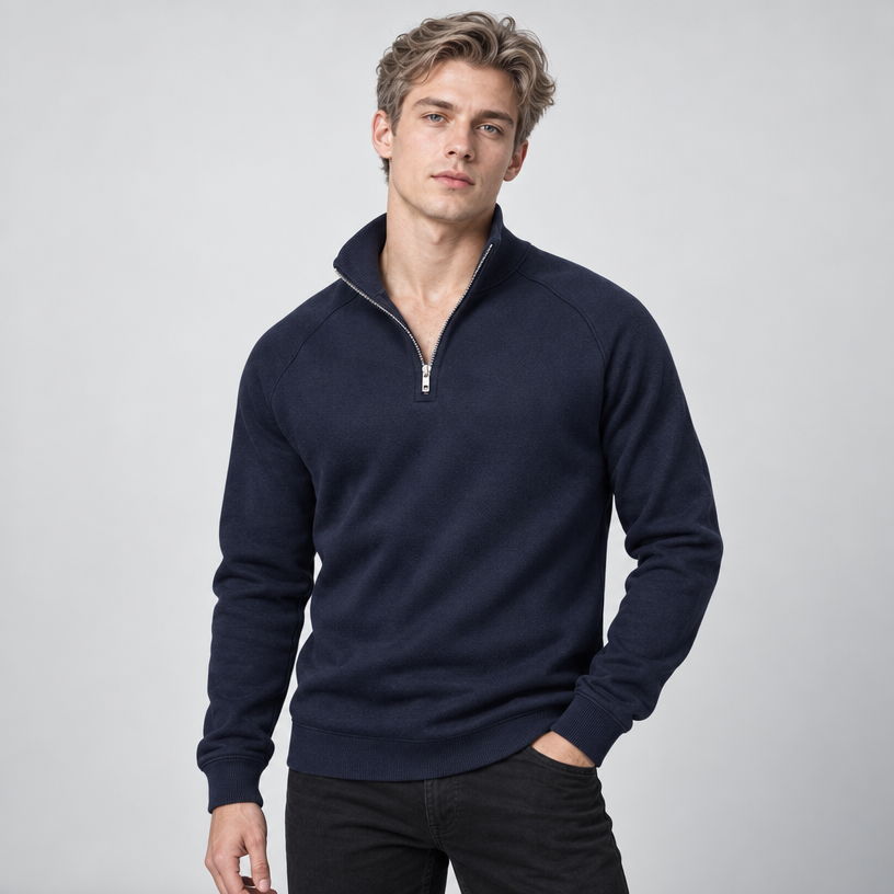 Herren Quarter-Zip-Pullover mit Stehkragen – Regular Fit — Blau