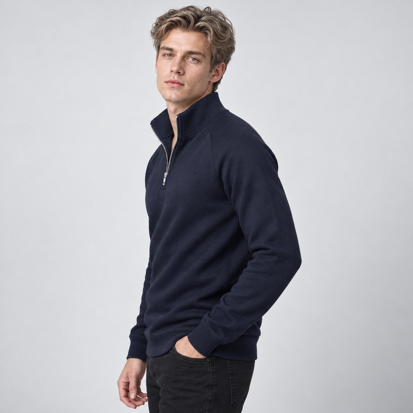 Herren Quarter-Zip-Pullover mit Stehkragen – Regular Fit — Blau