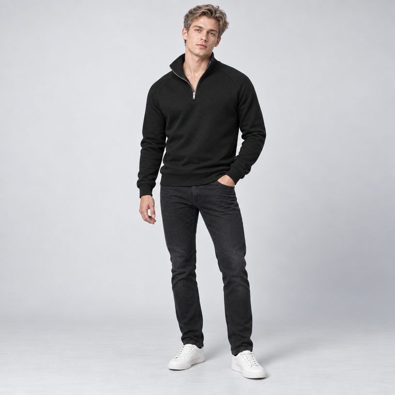 Herren Quarter-Zip-Pullover mit Stehkragen – Regular Fit — Schwarz