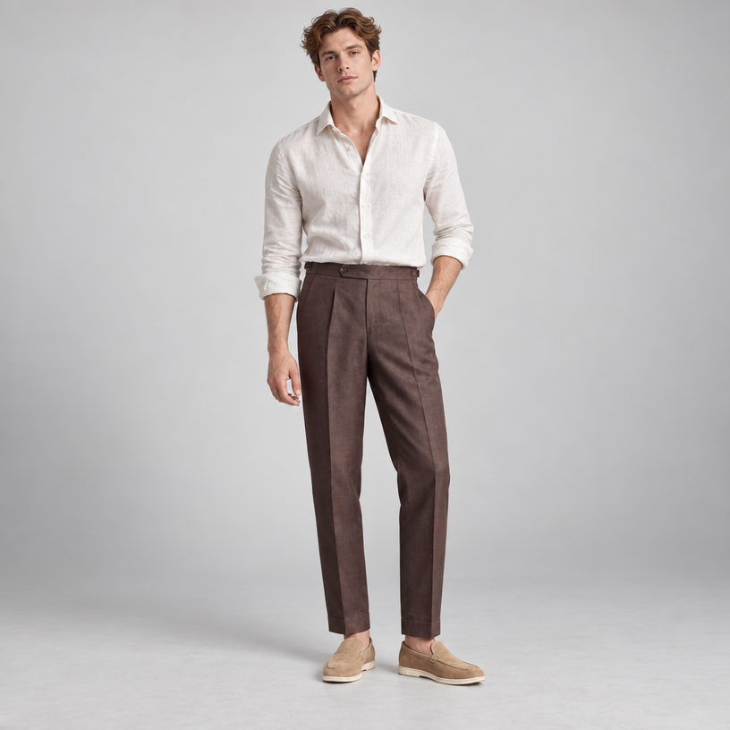 Herren Leinenhose mit Bundfalten – Relaxed Fit — Karamell