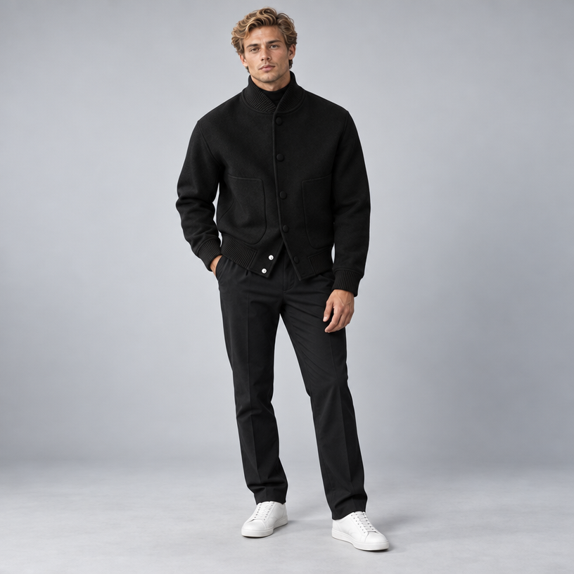 Herren Wollblouson mit Stehkragen – Regular Fit — Schwarz