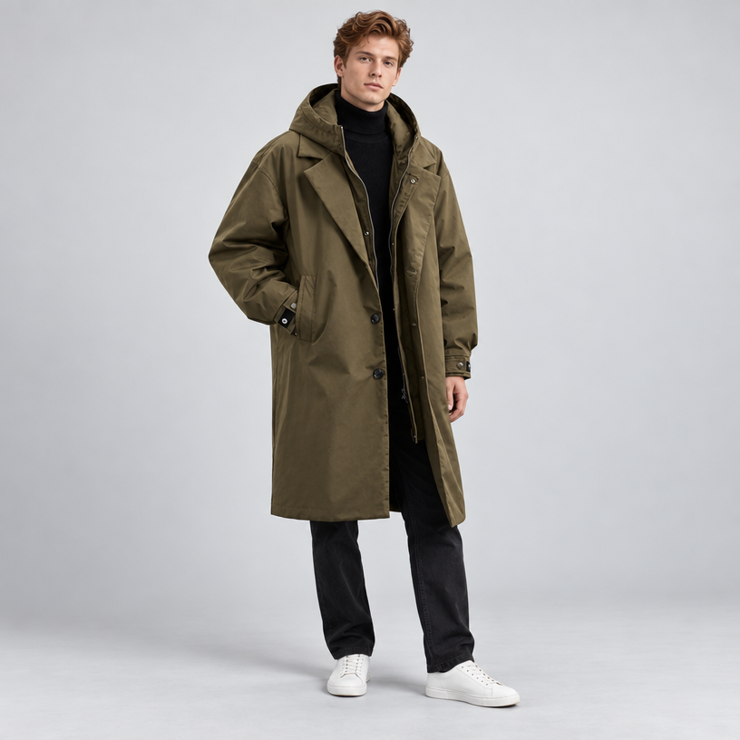 Herren Langmantel im Outdoor-Stil – Relaxed Fit — Armeegrün