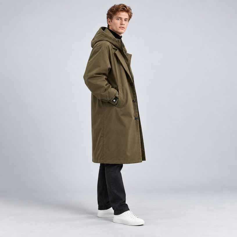 Herren Langmantel im Outdoor-Stil – Relaxed Fit — Armeegrün