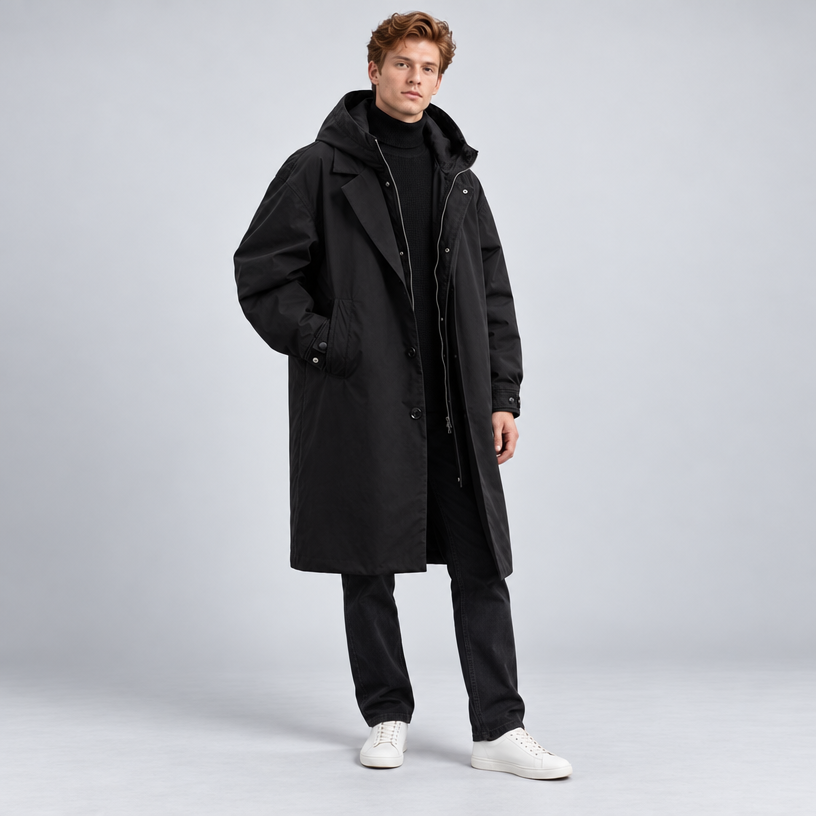Herren Langmantel im Outdoor-Stil – Relaxed Fit — Schwarz