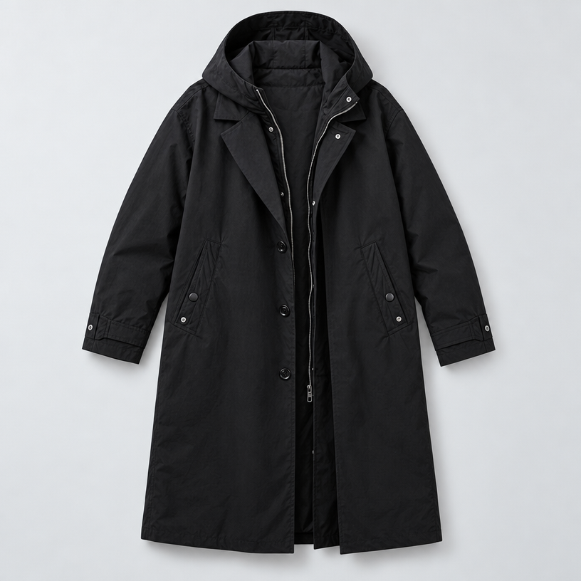Herren Langmantel im Outdoor-Stil – Relaxed Fit — Schwarz
