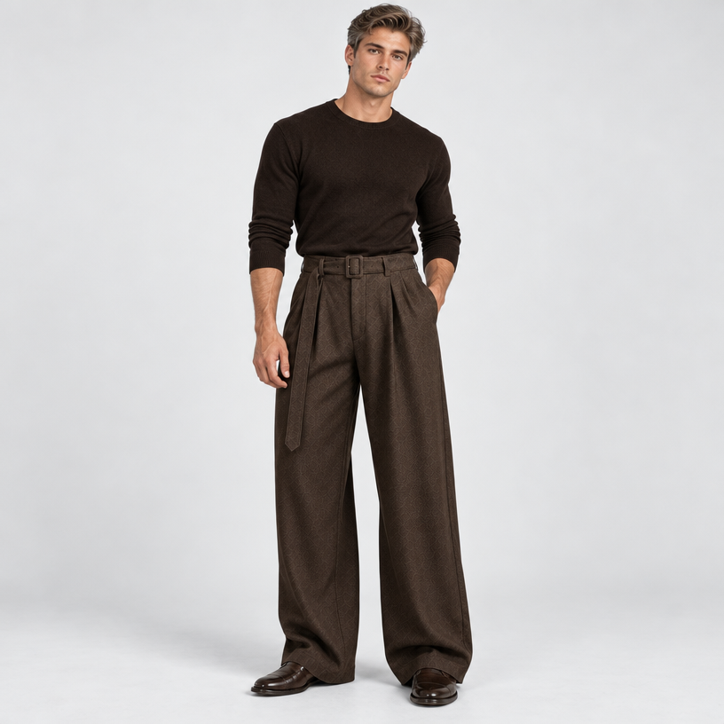 Herren Stoffhose mit Bundfalten und weitem Bein – Relaxed Fit — Kakao-Braun