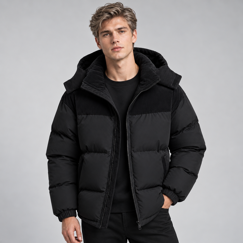 Herren Oversize-Steppjacke mit Kapuze und Wattierung — Schwarz