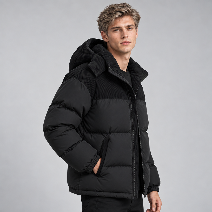 Herren Oversize-Steppjacke mit Kapuze und Wattierung — Schwarz