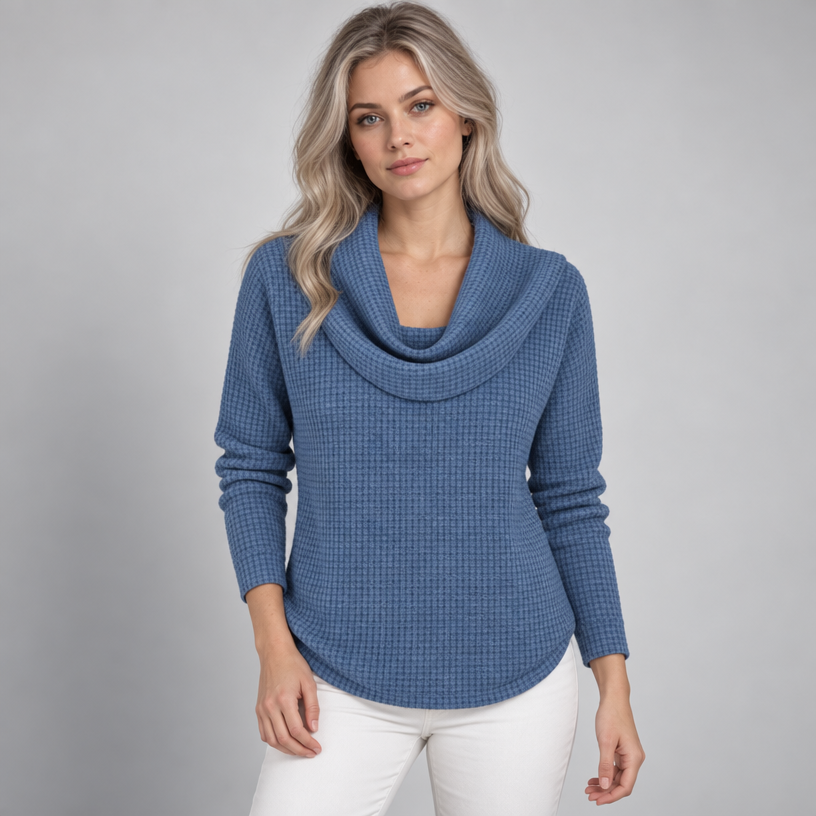 Damen Schalkragenpullover in Waffelstrick – Relaxed Fit — Blau