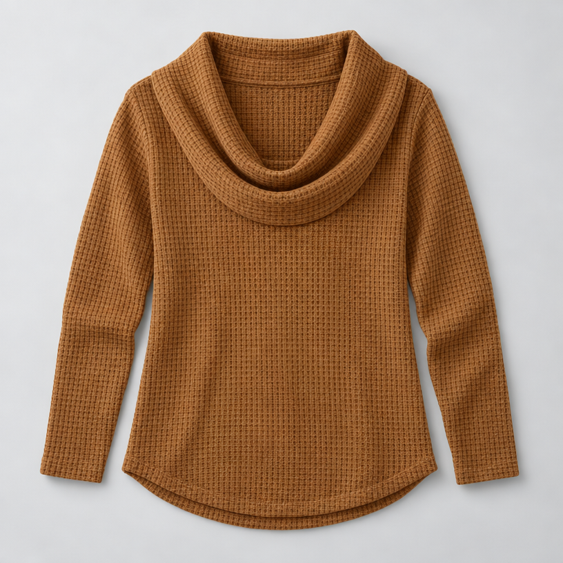 Damen Schalkragenpullover in Waffelstrick – Relaxed Fit — Braun
