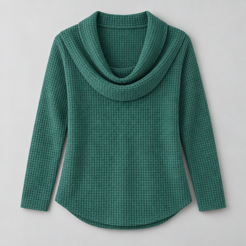 Damen Schalkragenpullover in Waffelstrick – Relaxed Fit — Grün