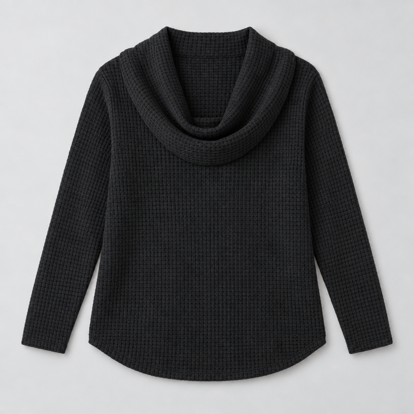 Damen Schalkragenpullover in Waffelstrick – Relaxed Fit — Schwarz