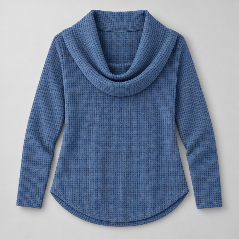 Damen Schalkragenpullover in Waffelstrick – Relaxed Fit — Blau