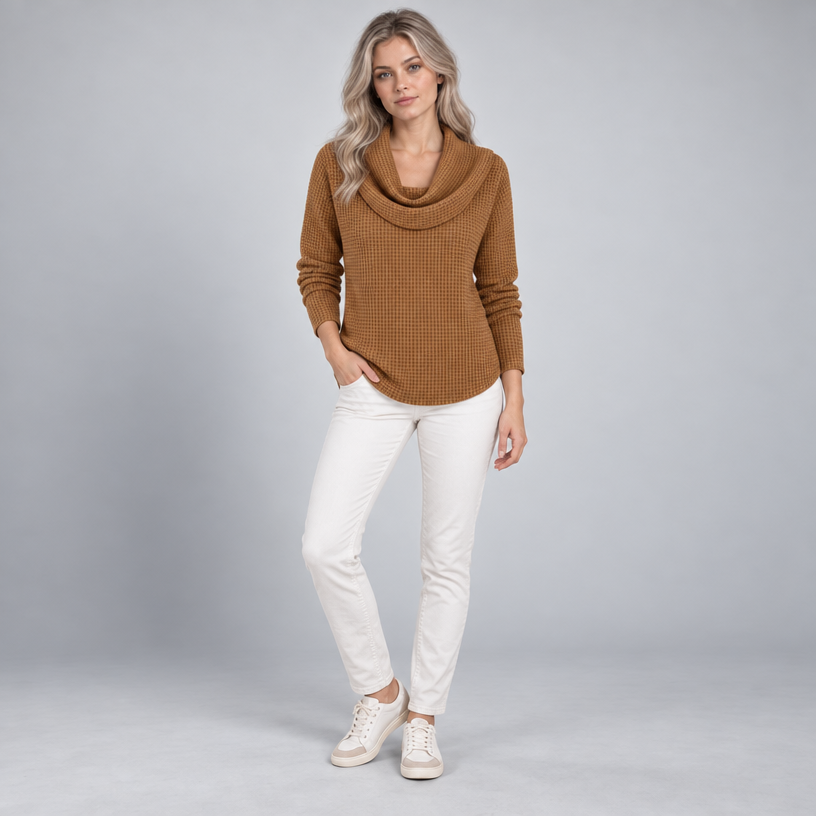 Damen Schalkragenpullover in Waffelstrick – Relaxed Fit — Braun