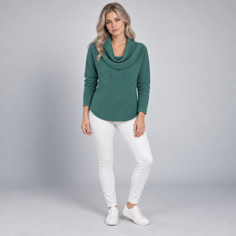 Damen Schalkragenpullover in Waffelstrick – Relaxed Fit — Grün
