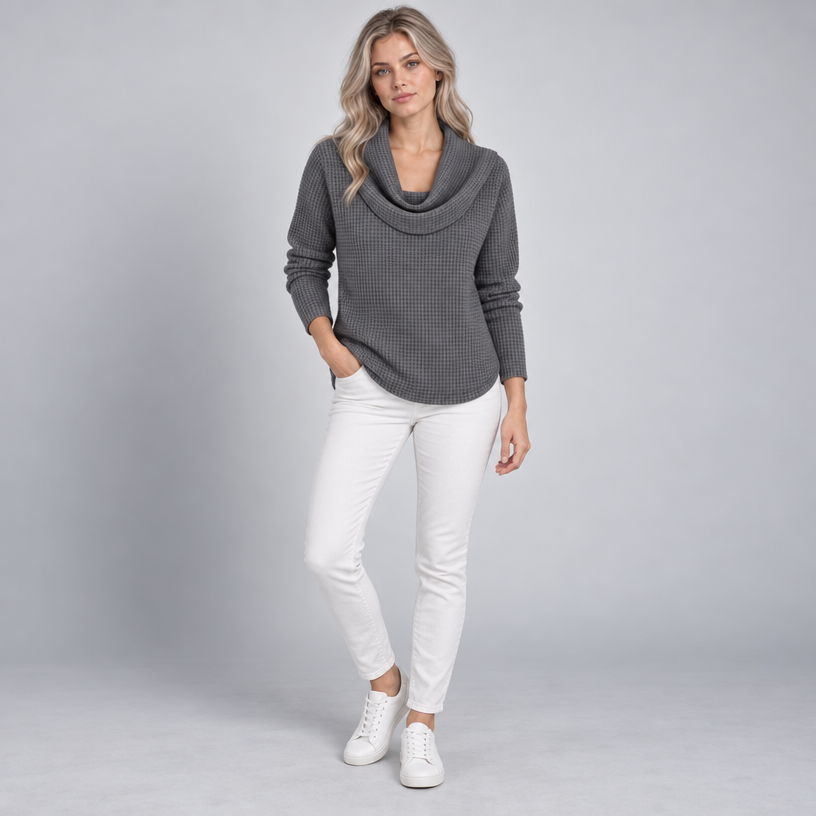 Damen Schalkragenpullover in Waffelstrick – Relaxed Fit — Grau