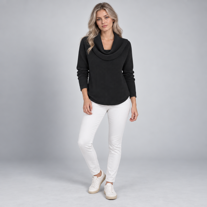 Damen Schalkragenpullover in Waffelstrick – Relaxed Fit — Schwarz