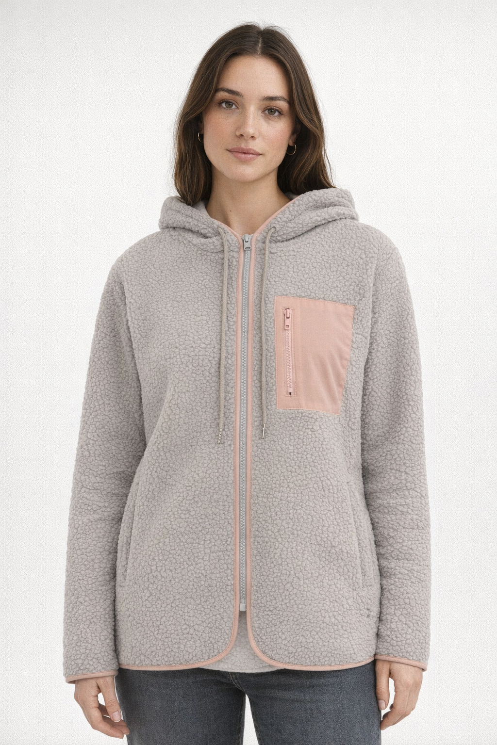 Hellgraue Woll-Teddyjacke mit Kapuze für Damen — Pink
