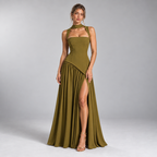 Damen Satin-Abendkleid mit Drapierung und Beinschlitz — Salbeigrün
