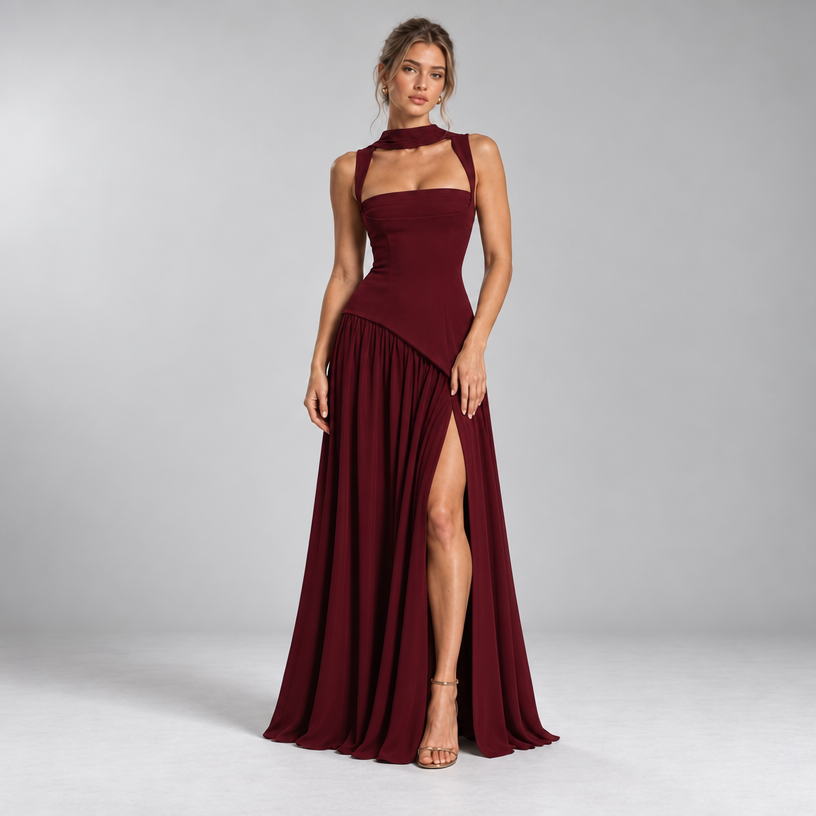 Damen Satin-Abendkleid mit Drapierung und Beinschlitz — Burgunder
