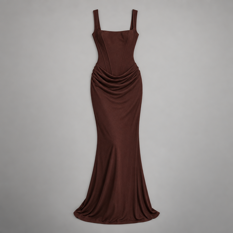 Damen Corsagen-Abendkleid mit Drapierung – Figurbetont — Braun