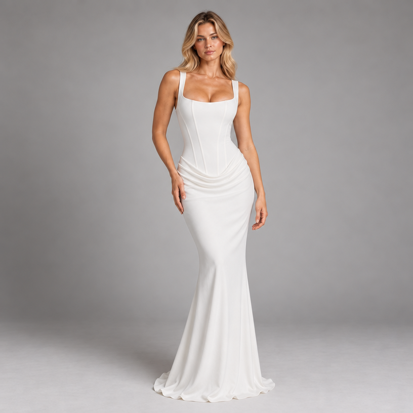 Damen Corsagen-Abendkleid mit Drapierung – Figurbetont — Weiß