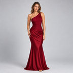 Damen One-Shoulder Hochzeitsgast-Kleid mit Drapierung in Satin-Optik — Rot