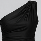 Damen One-Shoulder Hochzeitsgast-Kleid mit Drapierung in Satin-Optik — Schwarz