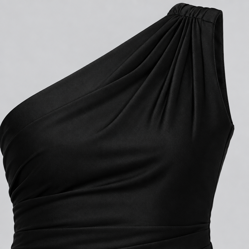 Damen One-Shoulder Hochzeitsgast-Kleid mit Drapierung in Satin-Optik — Schwarz