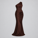 Damen One-Shoulder Hochzeitsgast-Kleid mit Drapierung in Satin-Optik — Braun