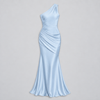 Damen One-Shoulder Hochzeitsgast-Kleid mit Drapierung in Satin-Optik — Blau