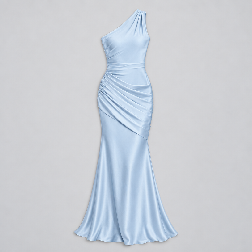 Damen One-Shoulder Hochzeitsgast-Kleid mit Drapierung in Satin-Optik — Blau