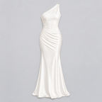 Damen One-Shoulder Hochzeitsgast-Kleid mit Drapierung in Satin-Optik — Weiß