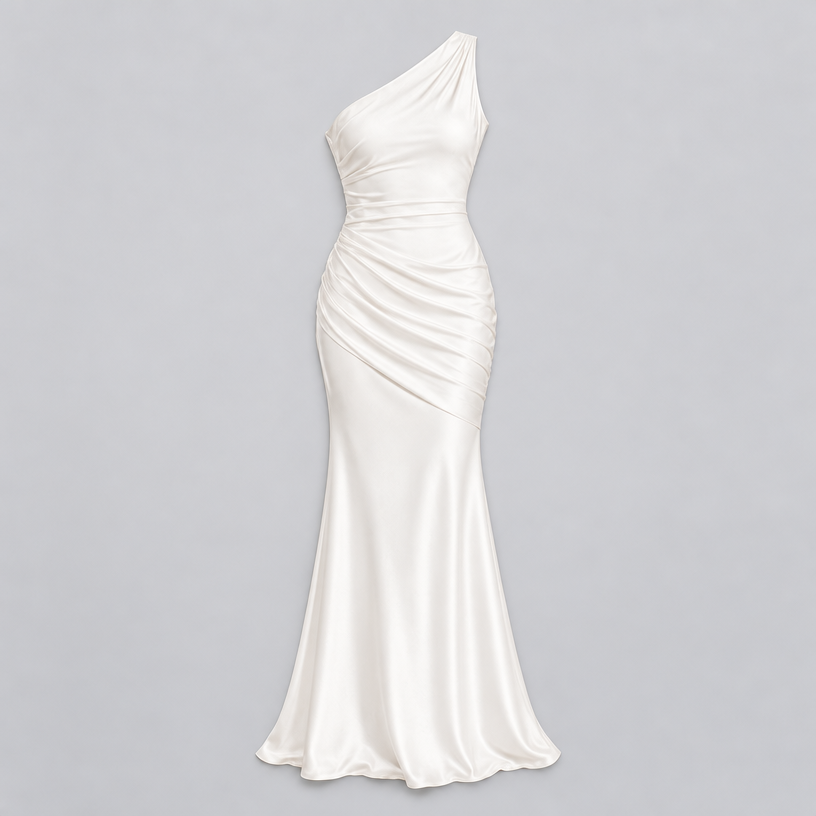 Damen One-Shoulder Hochzeitsgast-Kleid mit Drapierung in Satin-Optik — Weiß