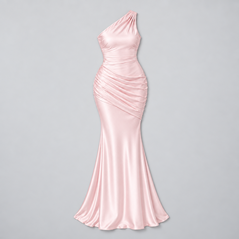 Damen One-Shoulder Hochzeitsgast-Kleid mit Drapierung in Satin-Optik — Pink