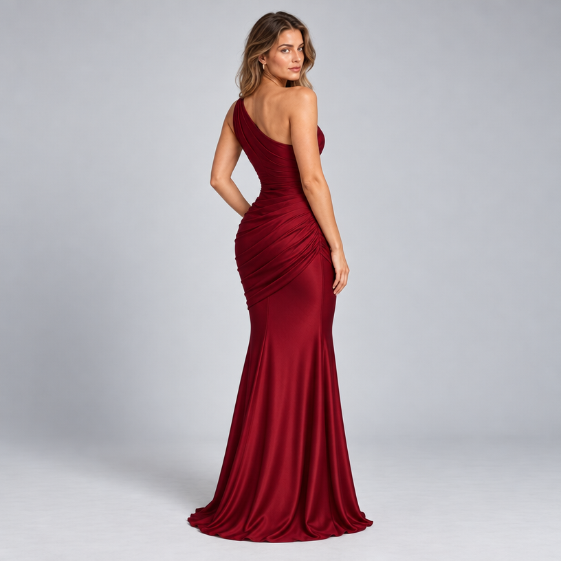 Damen One-Shoulder Hochzeitsgast-Kleid mit Drapierung in Satin-Optik — Rot