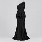 Damen One-Shoulder Hochzeitsgast-Kleid mit Drapierung in Satin-Optik — Schwarz