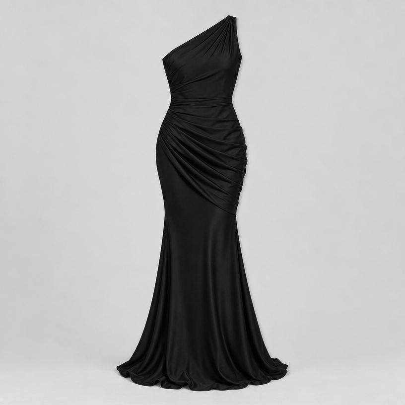 Damen One-Shoulder Hochzeitsgast-Kleid mit Drapierung in Satin-Optik — Schwarz