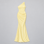 Damen One-Shoulder Hochzeitsgast-Kleid mit Drapierung in Satin-Optik — Gelb
