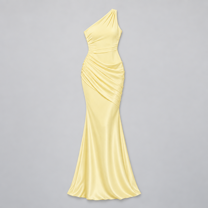 Damen One-Shoulder Hochzeitsgast-Kleid mit Drapierung in Satin-Optik — Gelb