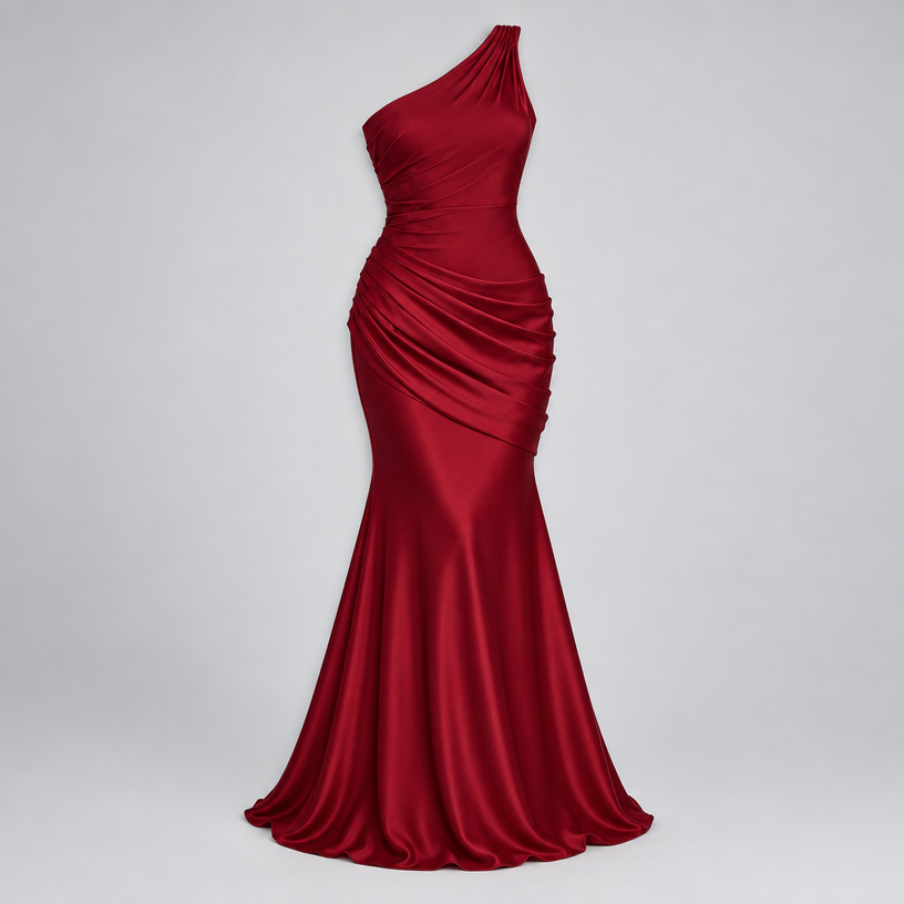 Damen One-Shoulder Hochzeitsgast-Kleid mit Drapierung in Satin-Optik — Rot