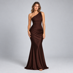 Damen One-Shoulder Hochzeitsgast-Kleid mit Drapierung in Satin-Optik — Braun