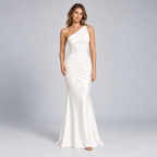 Damen One-Shoulder Hochzeitsgast-Kleid mit Drapierung in Satin-Optik — Weiß