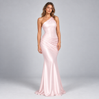Damen One-Shoulder Hochzeitsgast-Kleid mit Drapierung in Satin-Optik — Pink