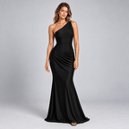 Damen One-Shoulder Hochzeitsgast-Kleid mit Drapierung in Satin-Optik — Schwarz