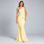 Damen One-Shoulder Hochzeitsgast-Kleid mit Drapierung in Satin-Optik — Gelb