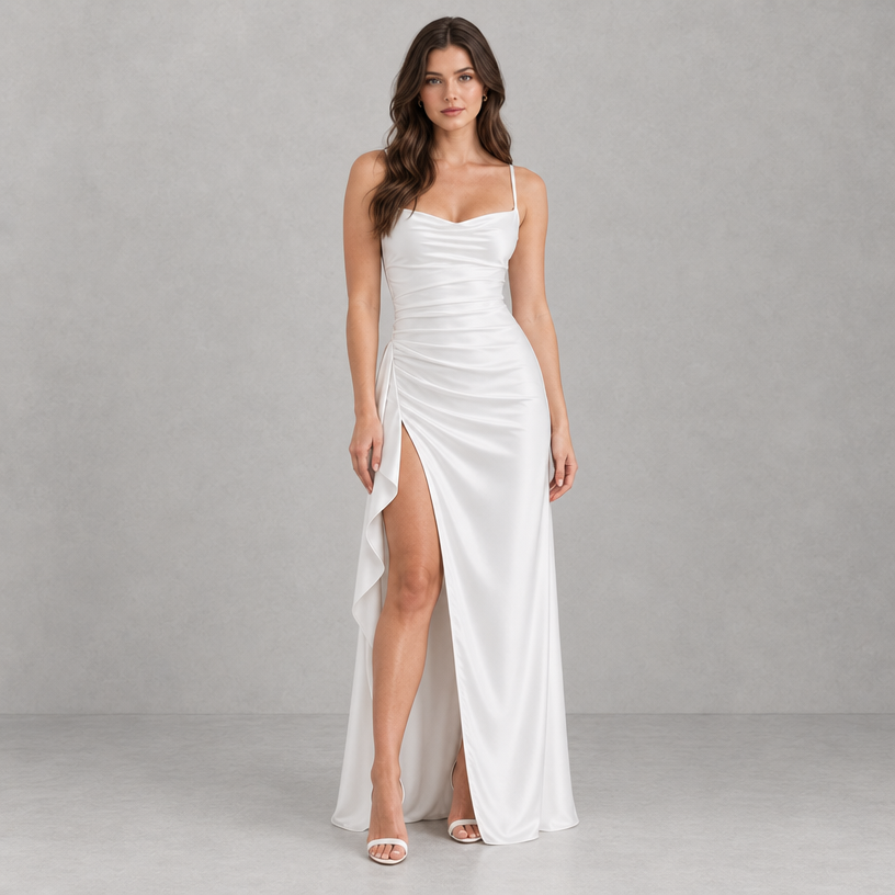 Damen Satin-Abendkleid mit Drapierung und Seitenschlitz — Elfenbein