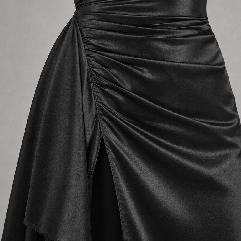 Damen Satin-Abendkleid mit Drapierung und Seitenschlitz — Schwarz