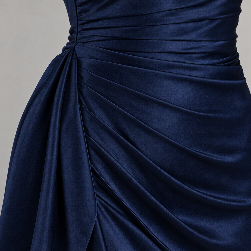 Damen Satin-Abendkleid mit Drapierung und Seitenschlitz — Marineblau