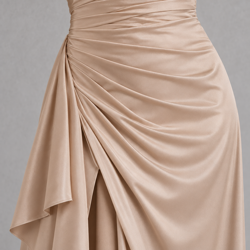 Damen Satin-Abendkleid mit Drapierung und Seitenschlitz — Beige